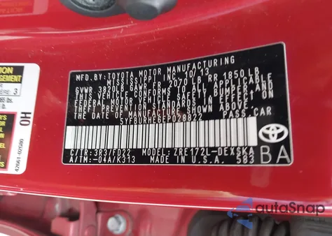 2014 Toyota Corolla S Plus from USA, damaged, VIN 5YFBURHE6EP028822